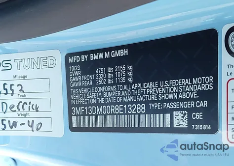 2024 BMW M2 z USA, uszkodzony, nr VIN 3MF13DM00R8E13288